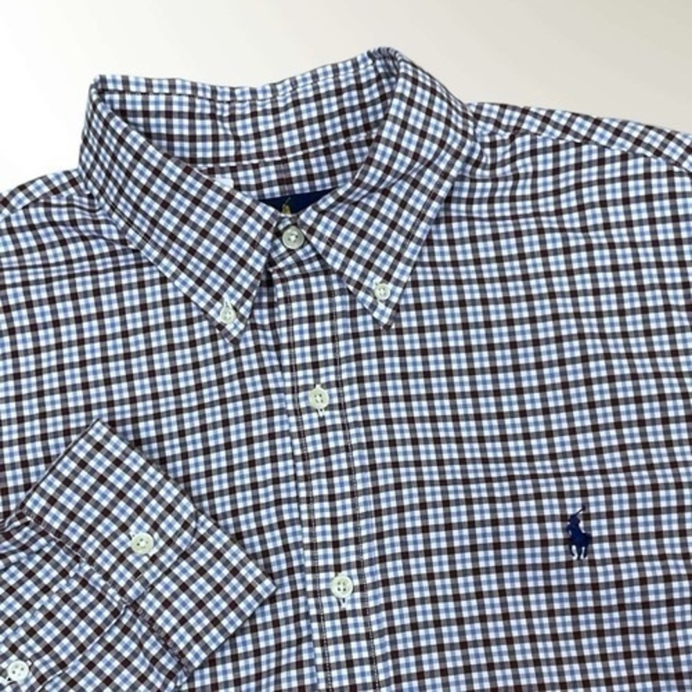 Ralph Lauren Blue/Brown Check Long Sleeve Button Up Shirt Men XL Vietnam Cotton